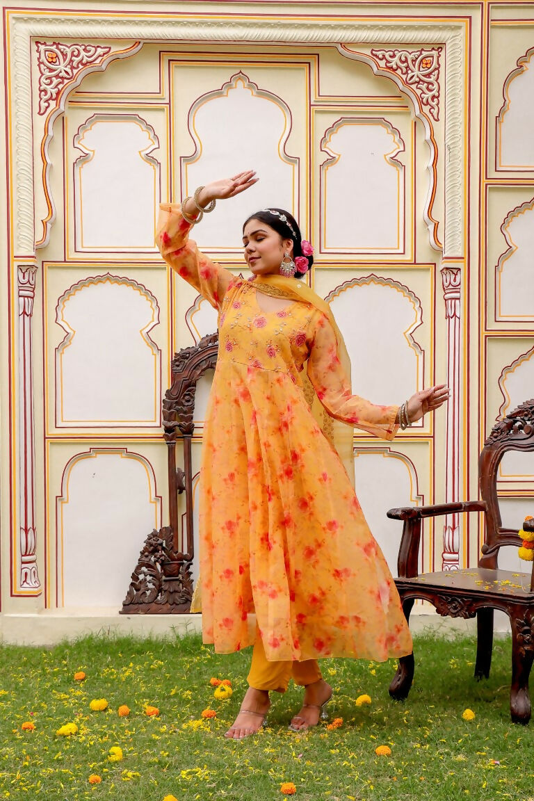 Vaasva Women Yellow Organza Floral Embroidered Anarkali Kurta, Pant & Dupatta set | Swadesiicart