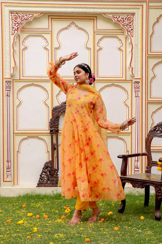 Vaasva Women Yellow Organza Floral Embroidered Anarkali Kurta, Pant & Dupatta set | Swadesiicart