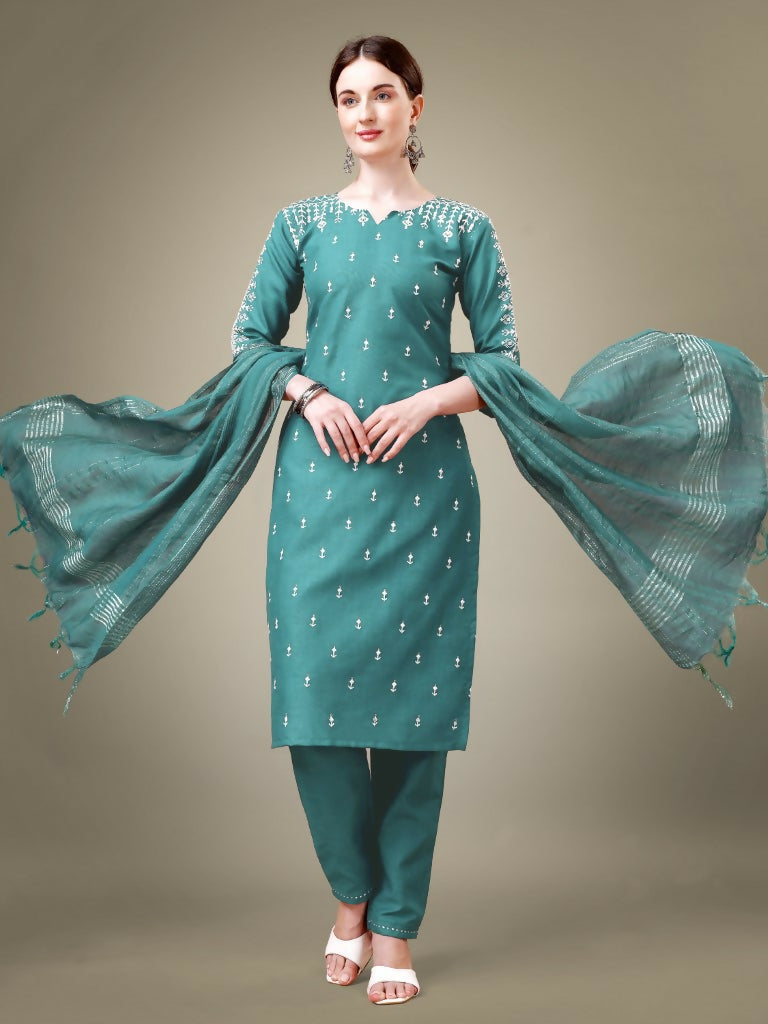 Jyoti Fashion Women's Teal Cotton Blend Embroidery & Sequence work Kurta with Trouser & Dupatta | Swadesiicart