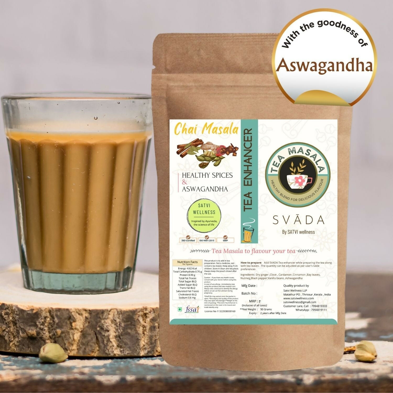 Satvi Wellness Tea masala with Ashwagandha | Ashwagandha tea mix | Satvi Tea enhancer - Swadesiicart