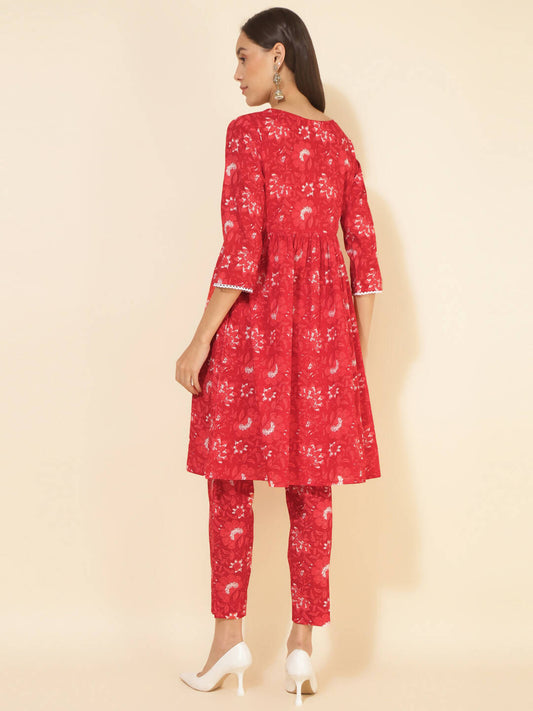 Janasya Women's Red Cotton Floral Printed Casual Flared Co-ords - Swadesiicart