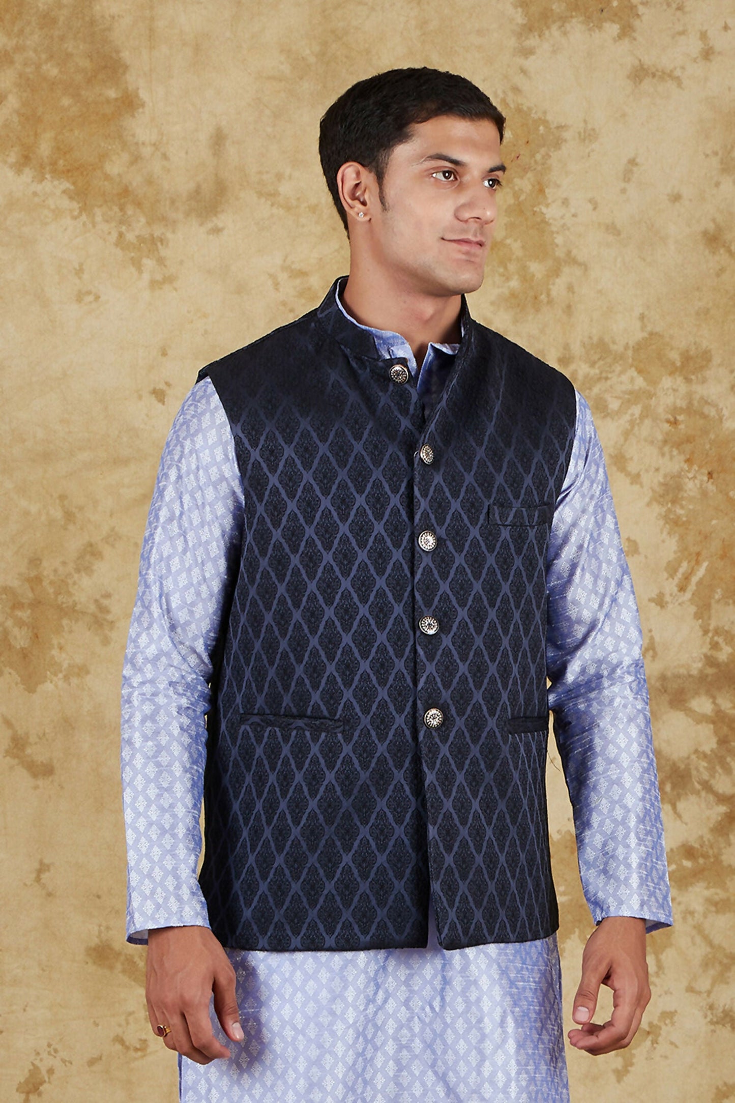 Bluesaanchi Men's Jacquard Prussian Blue Waistcoat | Swadesiicart