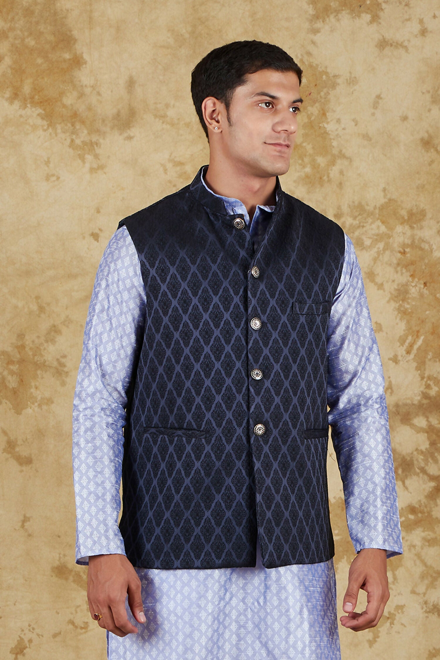 Bluesaanchi Men's Jacquard Prussian Blue Waistcoat | Swadesiicart