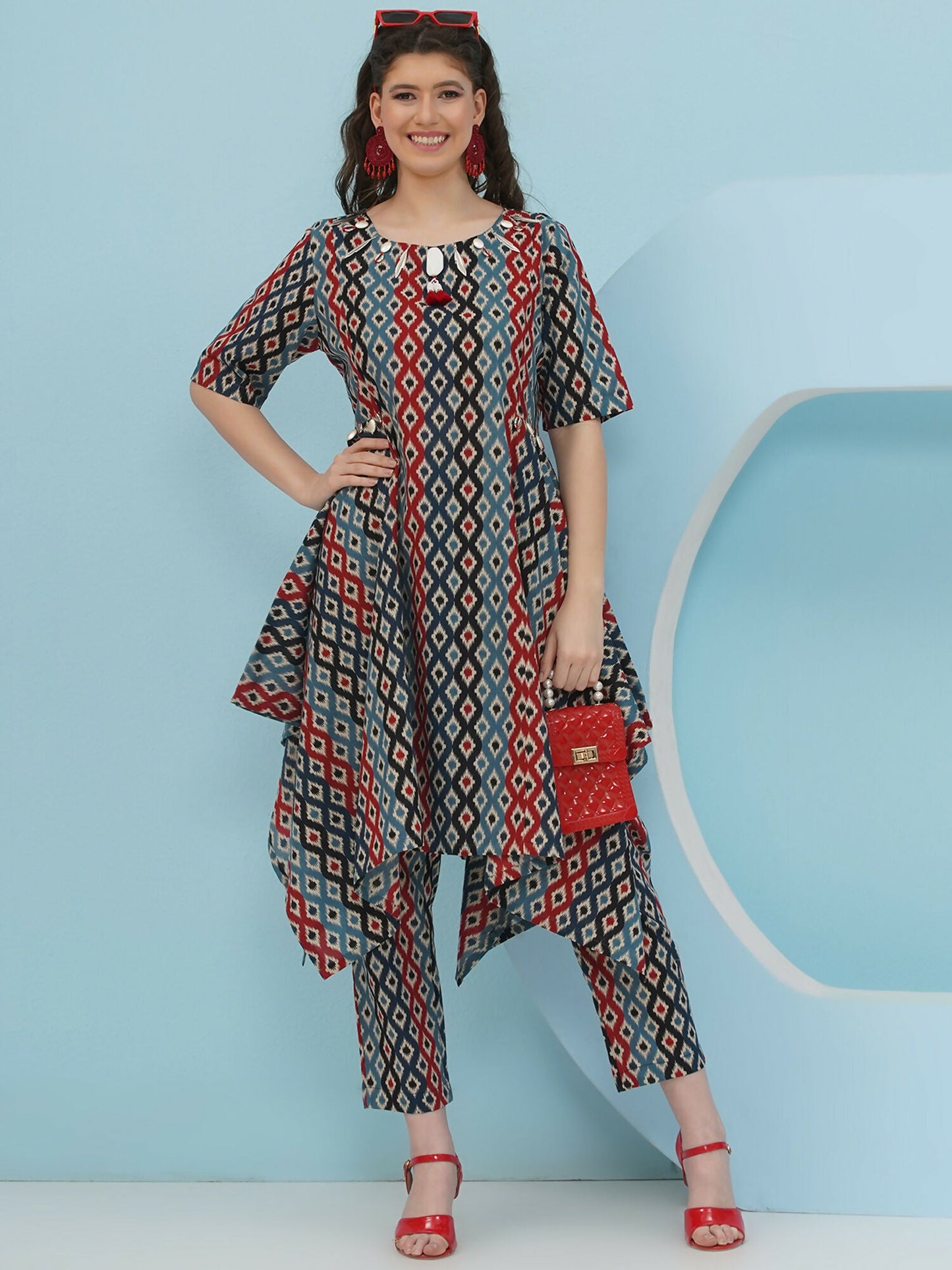 Joban Fashion Ikkat Printed Co Ord Set - Blue Red - Swadesiicart