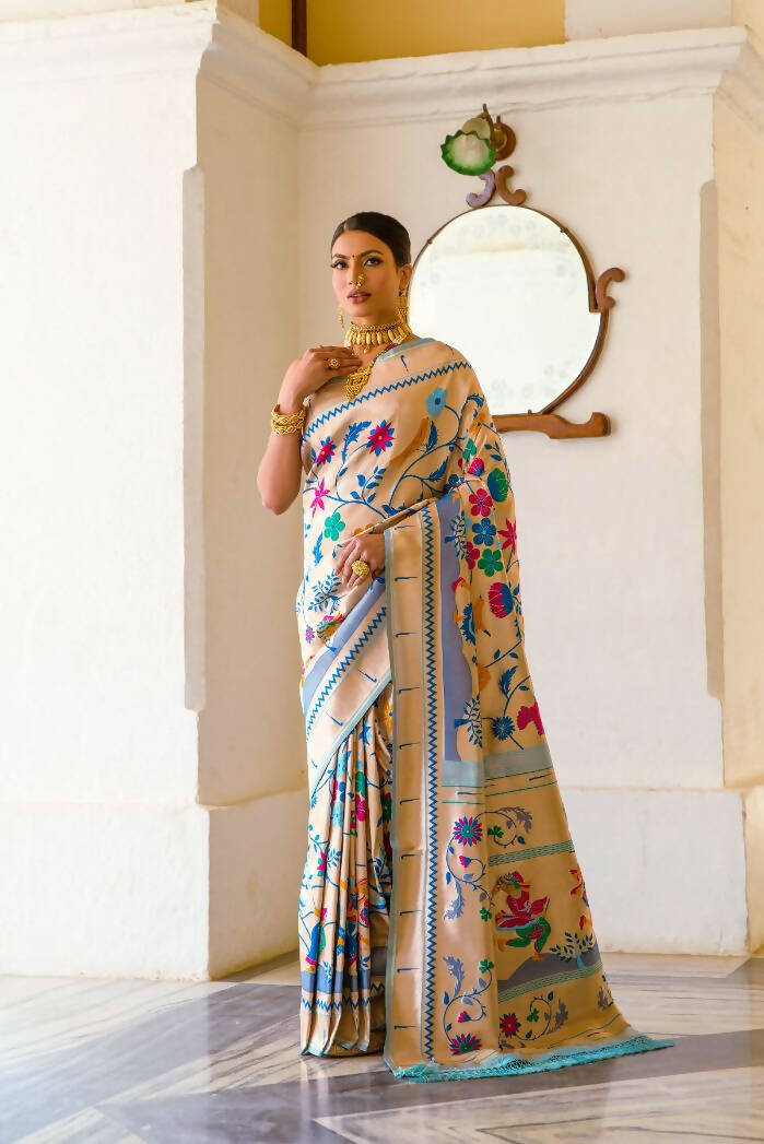 Vishnu Weaves Women's Firozi Paithani Silk Zari Woven Saree with Unstitched Blouse - Swadesiicart