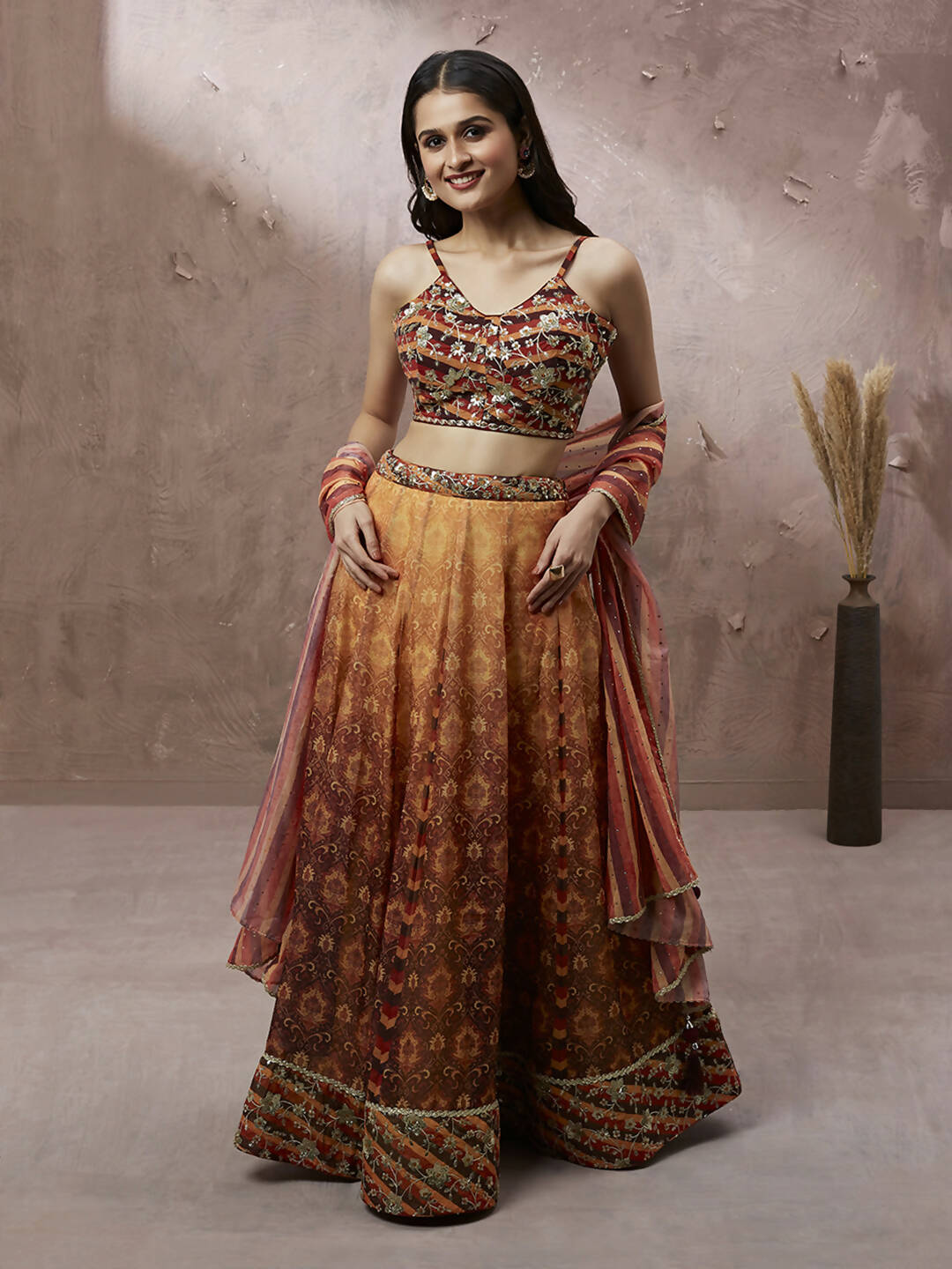 House of Panchhi Brown Organza Floral Print and sequinse work Lehenga choli & Dupatta | Swadesiicart