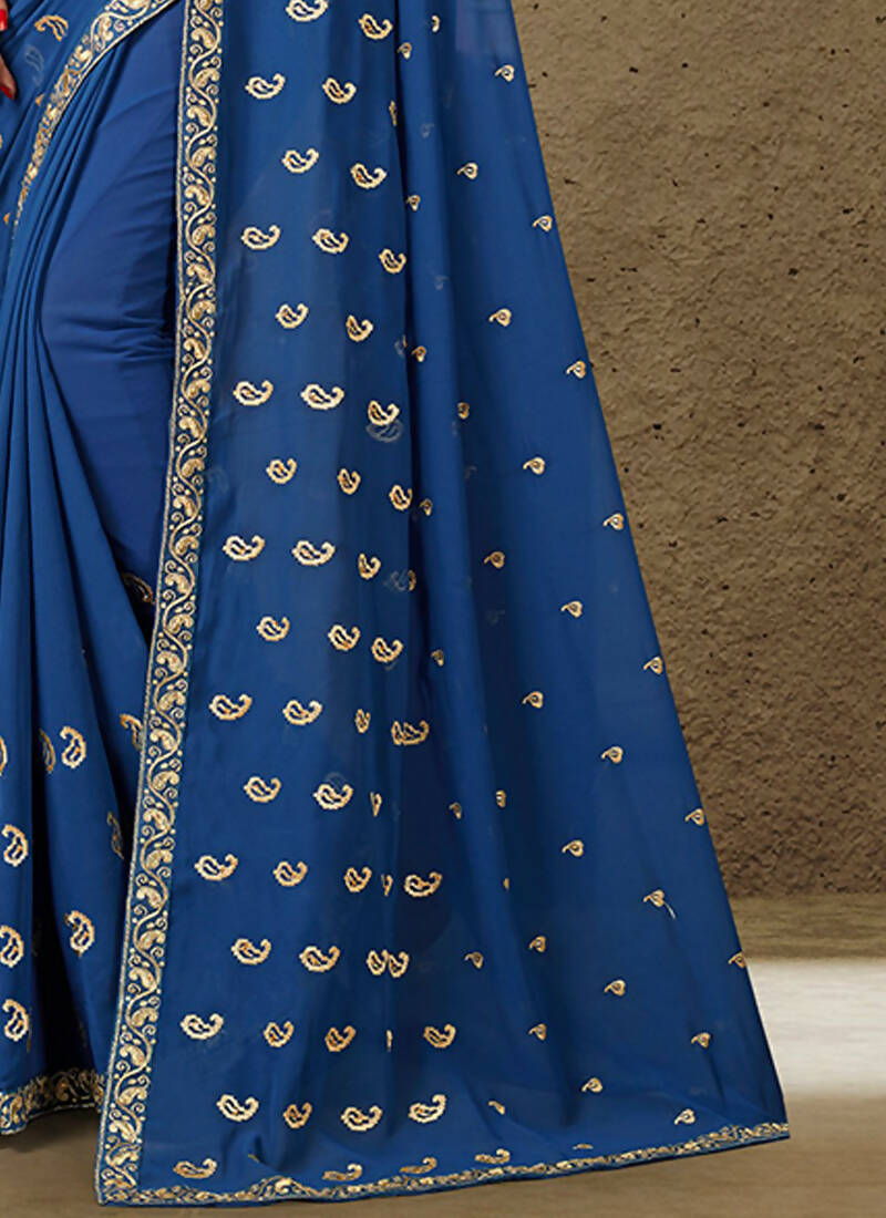 Blue Georgette Embroidered Saree with Unstitched Blouse Piece - Avika