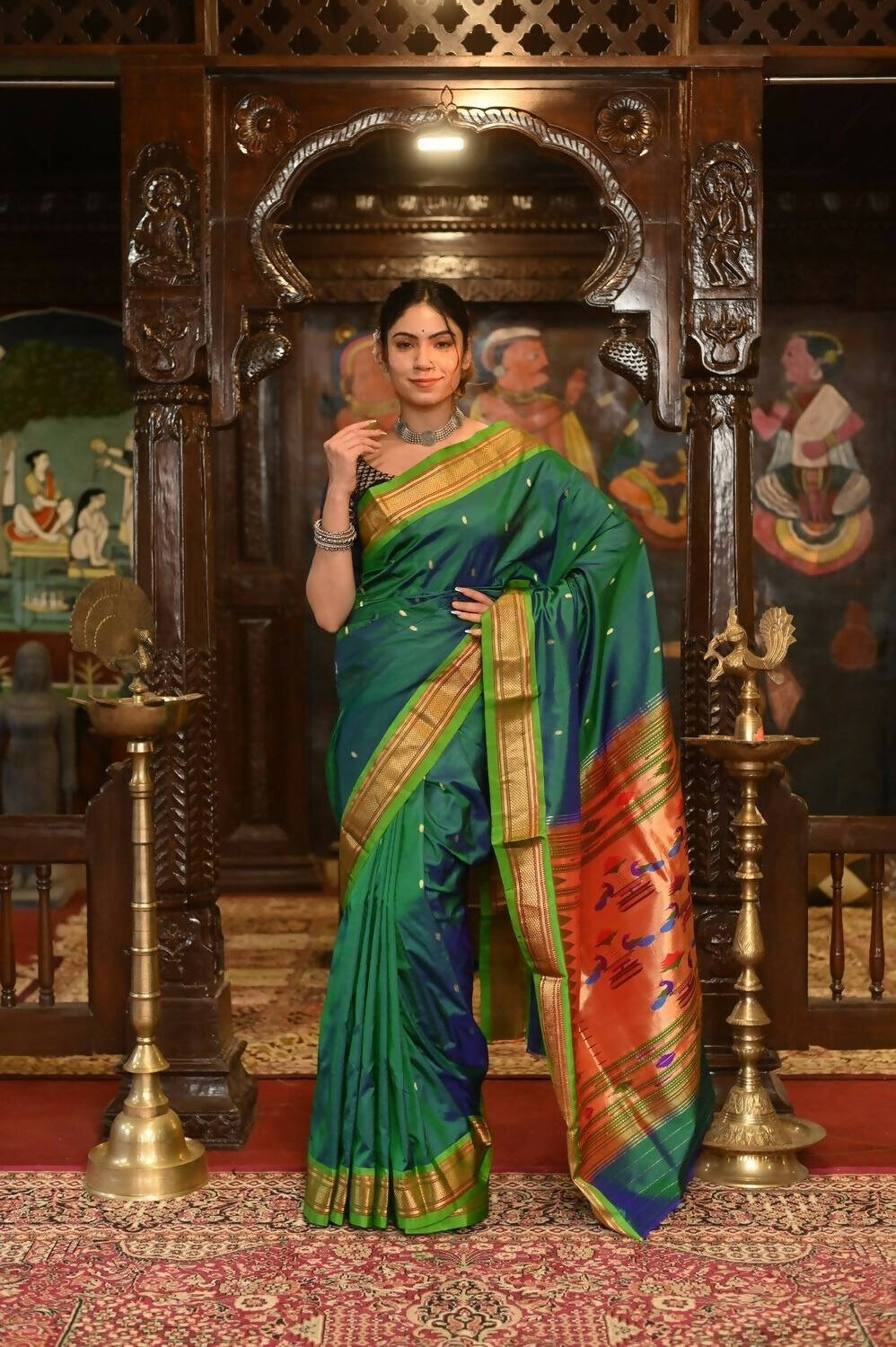 Very Much Indian Pure Silk Paithani - Dual Tone Blue Green | Swadesiicart