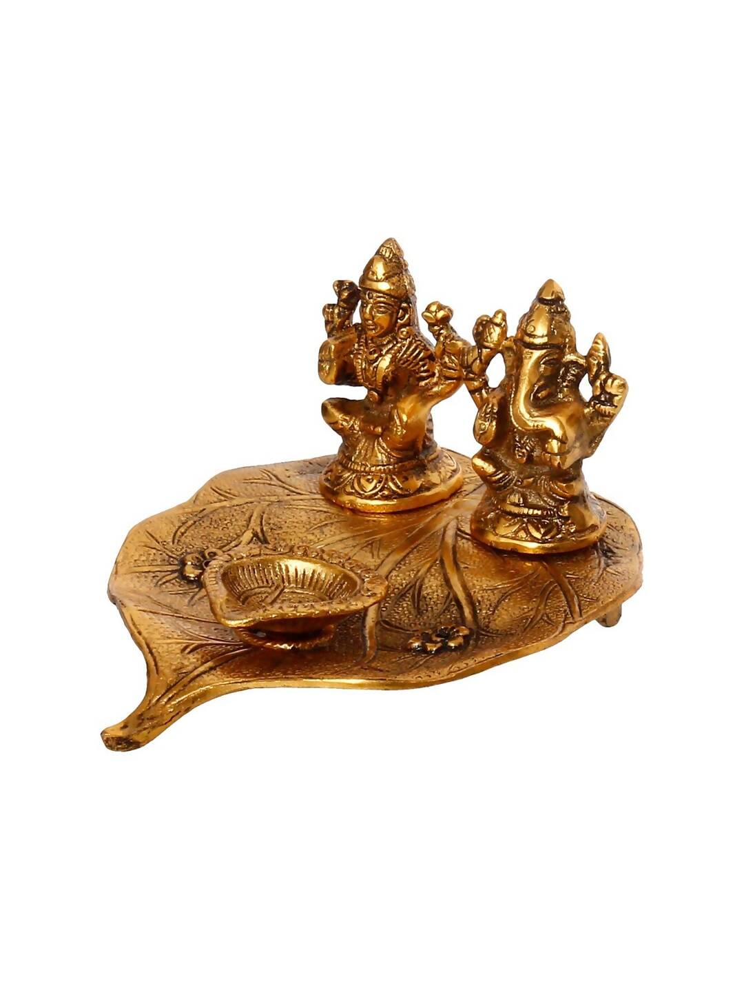 eCraftIndia Antique Gold-Toned Metal Handcrafted Laxmi Ganesh With Diya On Leaf | Swadesiicart