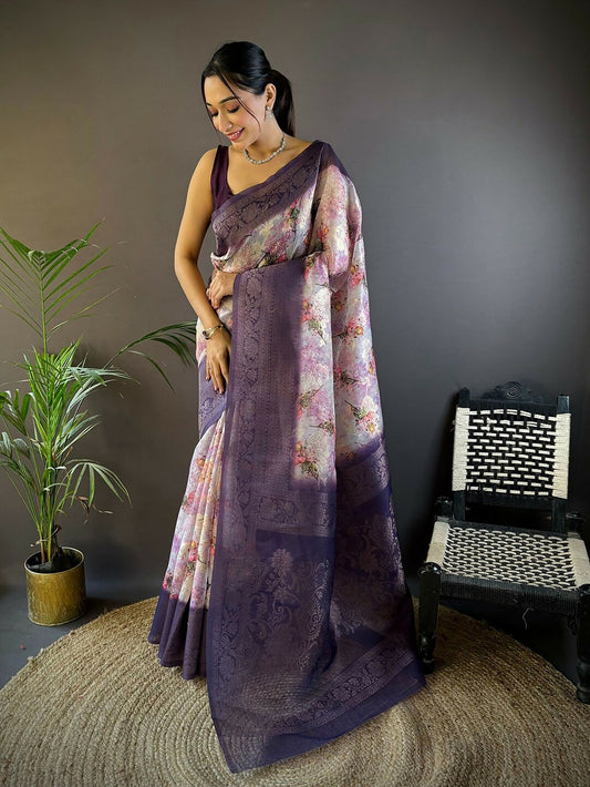 Joban Fashion Light Purple Floral Motifs Banarasi Silk Sarees | Swadesiicart