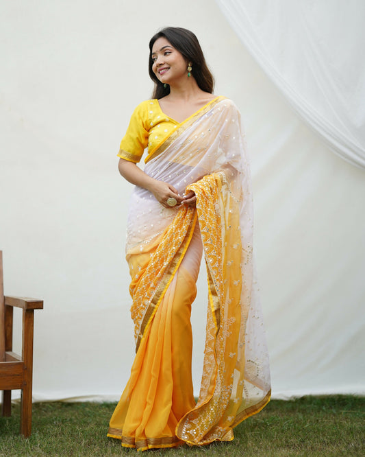 Vamsee Yellow Sequence 2 Yellow & White Georgette Saree - Swadesiicart