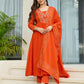 The52 Orange Women's Gorgeous Embroidered Chinon Fabric Flared Kurta Pant and Dupatta Set - Swadesiicart