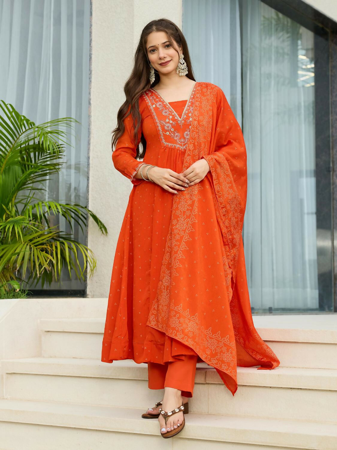 The52 Orange Women's Gorgeous Embroidered Chinon Fabric Flared Kurta Pant and Dupatta Set - Swadesiicart