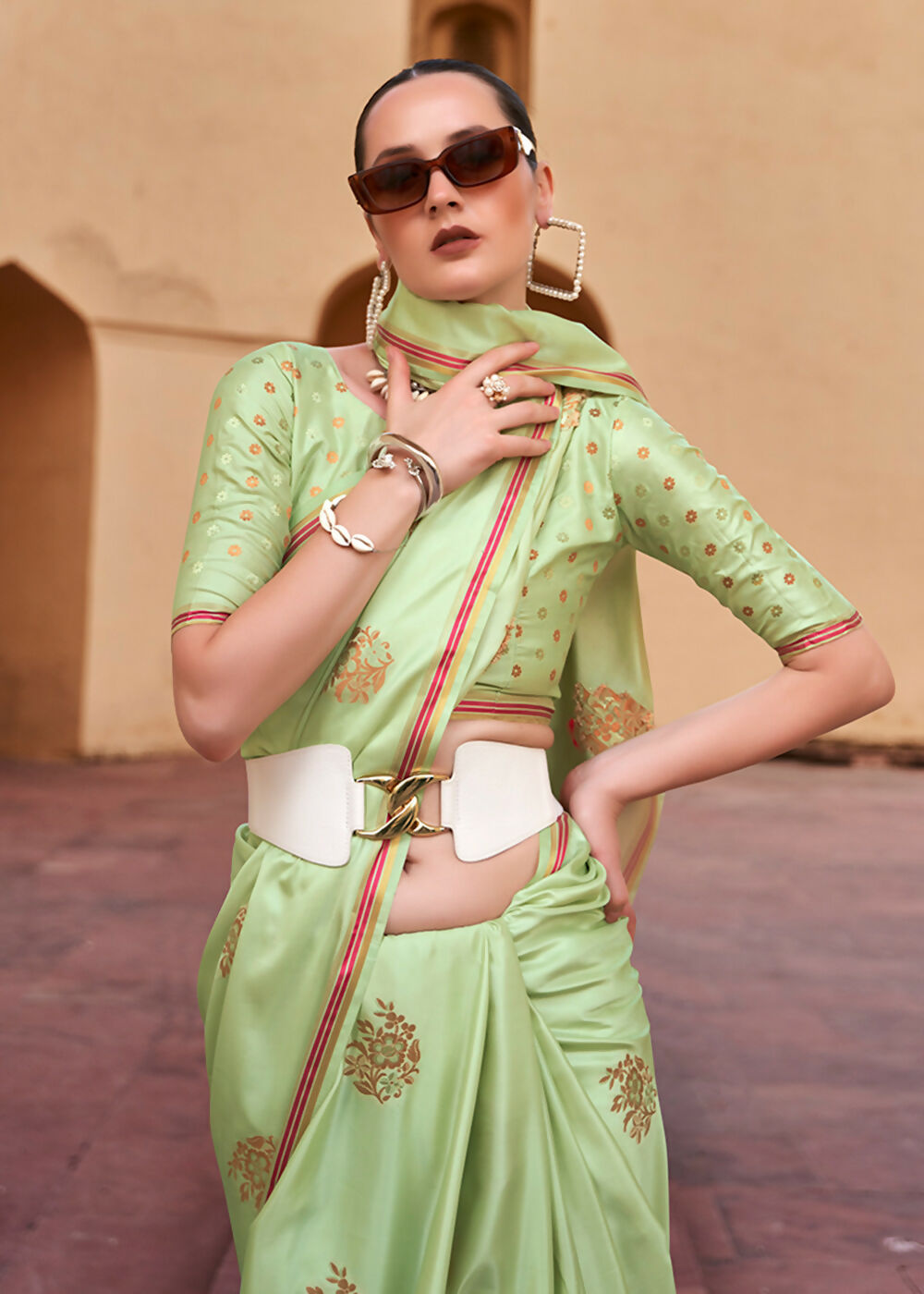 Sprout Green Pure Satin Zari Weaving Wedding Festive Saree - Emponline | Swadesiicart