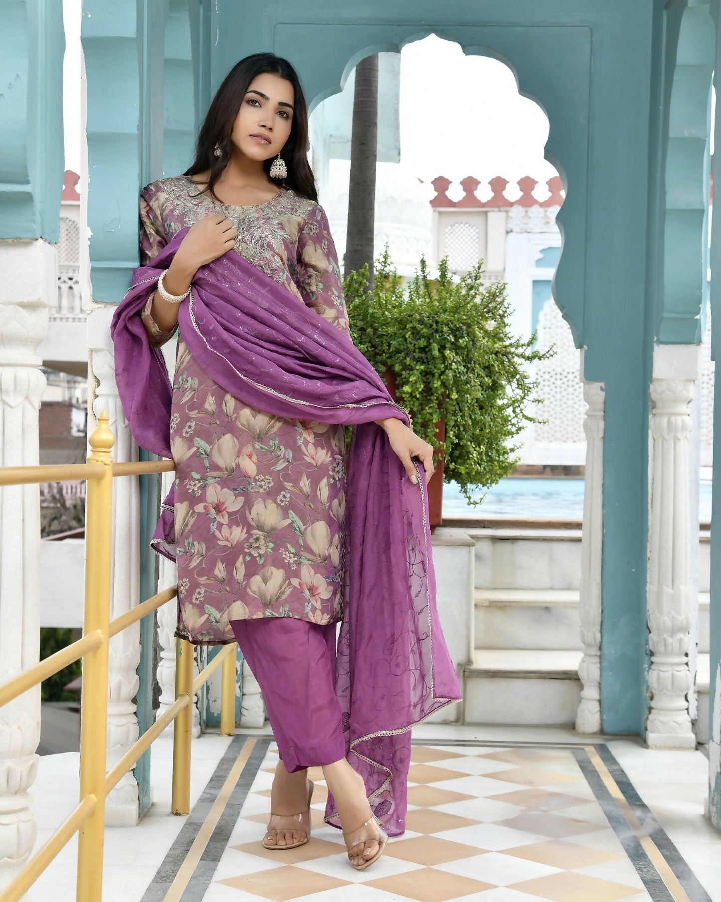 Vaasva Women's Purple Tissue Embroidered Suit Set With Solid Pant And Embroidered Dupatta | Swadesiicart