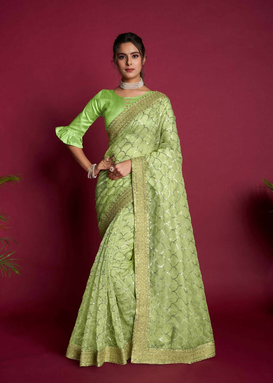 Vamsee Green Organza Saree - Swadesiicart