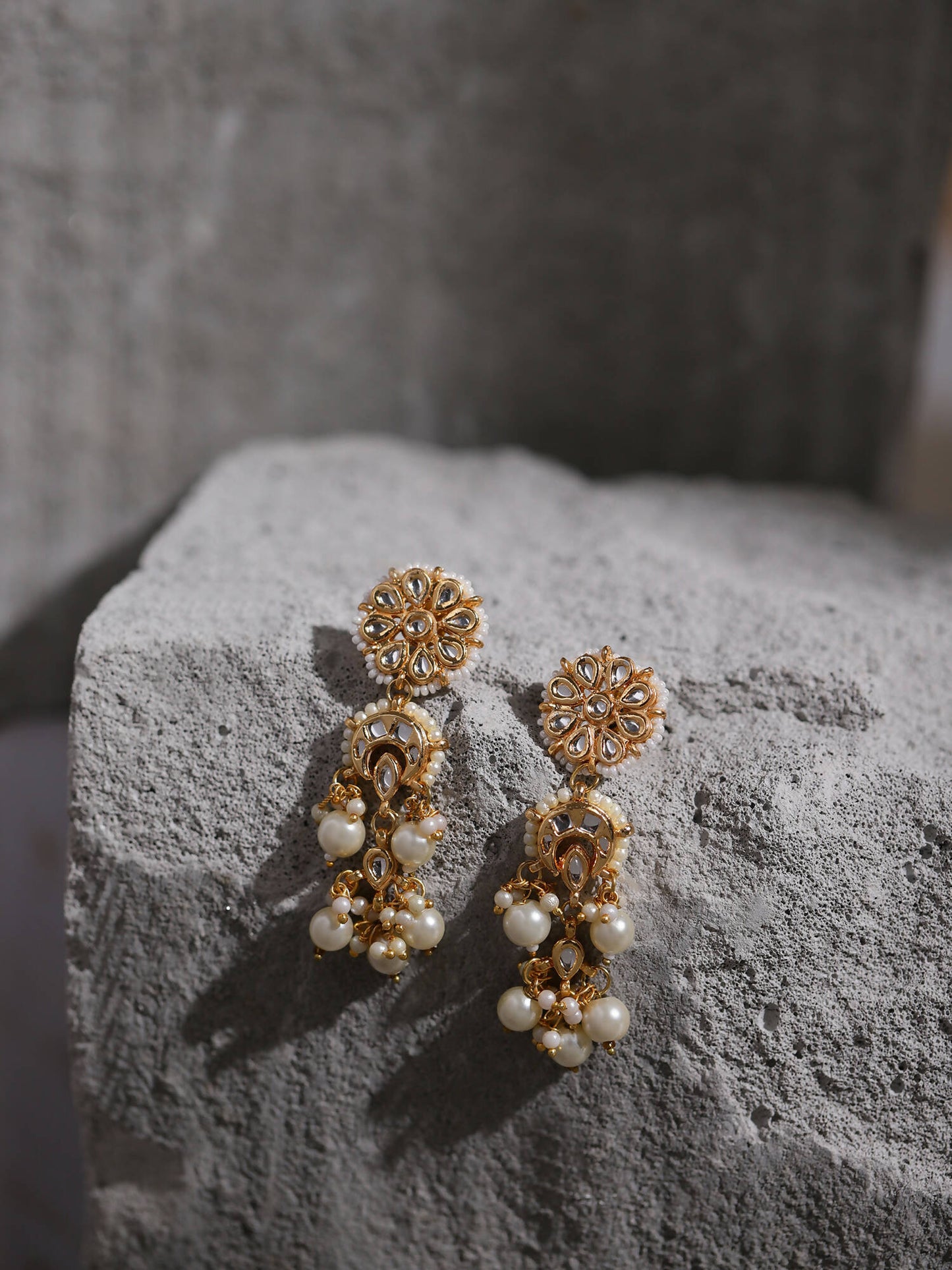 Gold-Toned White Pearl Beaded Contemporary Gold-Polished Jhumkas Earrings - Ruby Raang - Swadesiicart