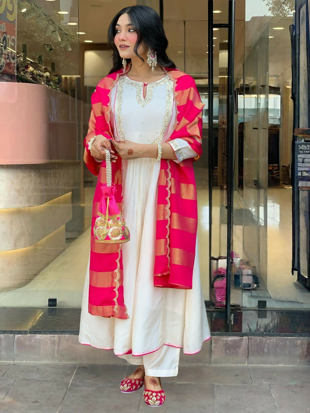 The52 White Women's Gorgeous Embroidered Work Chanderi Fabric Flared Kurta Pant and Dupatta Set - Swadesiicart