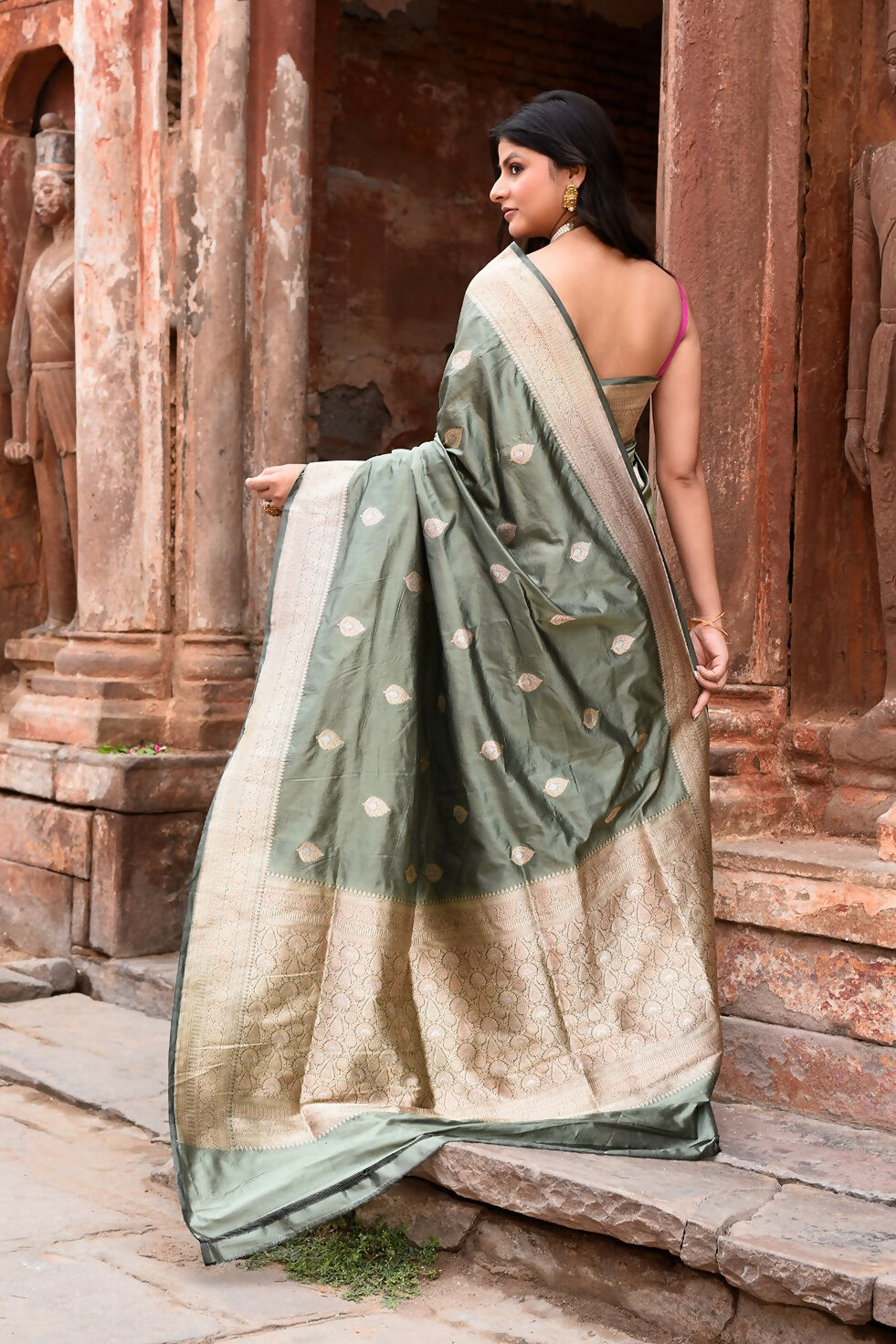 Joban Fashion Dusty Olive Banarasi Katan Pure Handloom Silk Saree | Swadesiicart