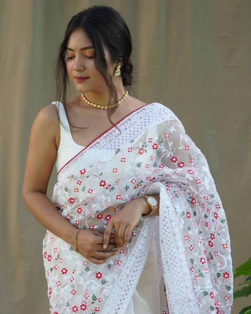 Vamsee Sombi Box White Organza Saree - Swadesiicart