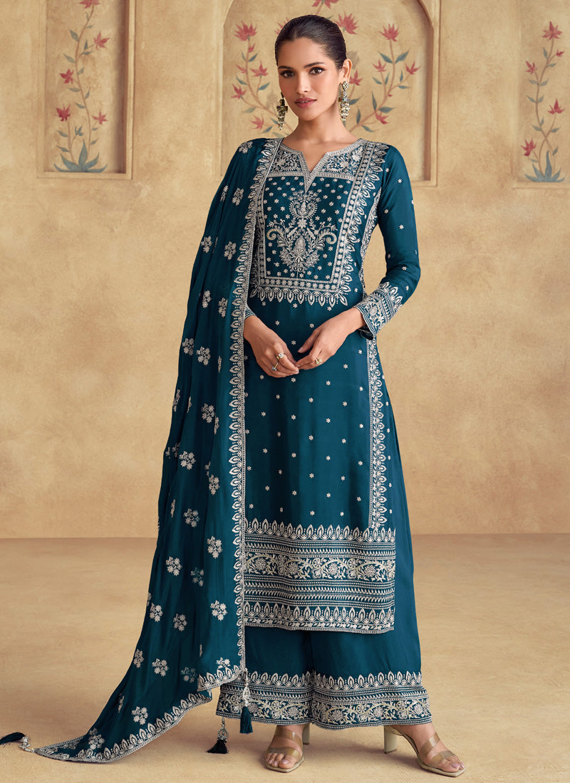 Vegaa Fashion Aqua Blue Georgette Embroidered Palazzo Suit - Swadesiicart