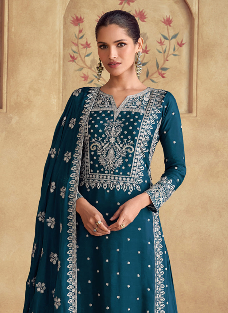 Vegaa Fashion Aqua Blue Georgette Embroidered Palazzo Suit - Swadesiicart