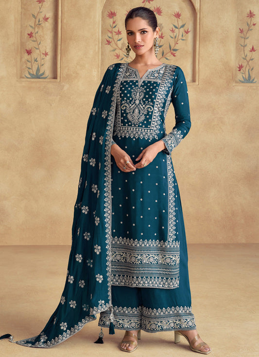 Vegaa Fashion Aqua Blue Georgette Embroidered Palazzo Suit - Swadesiicart