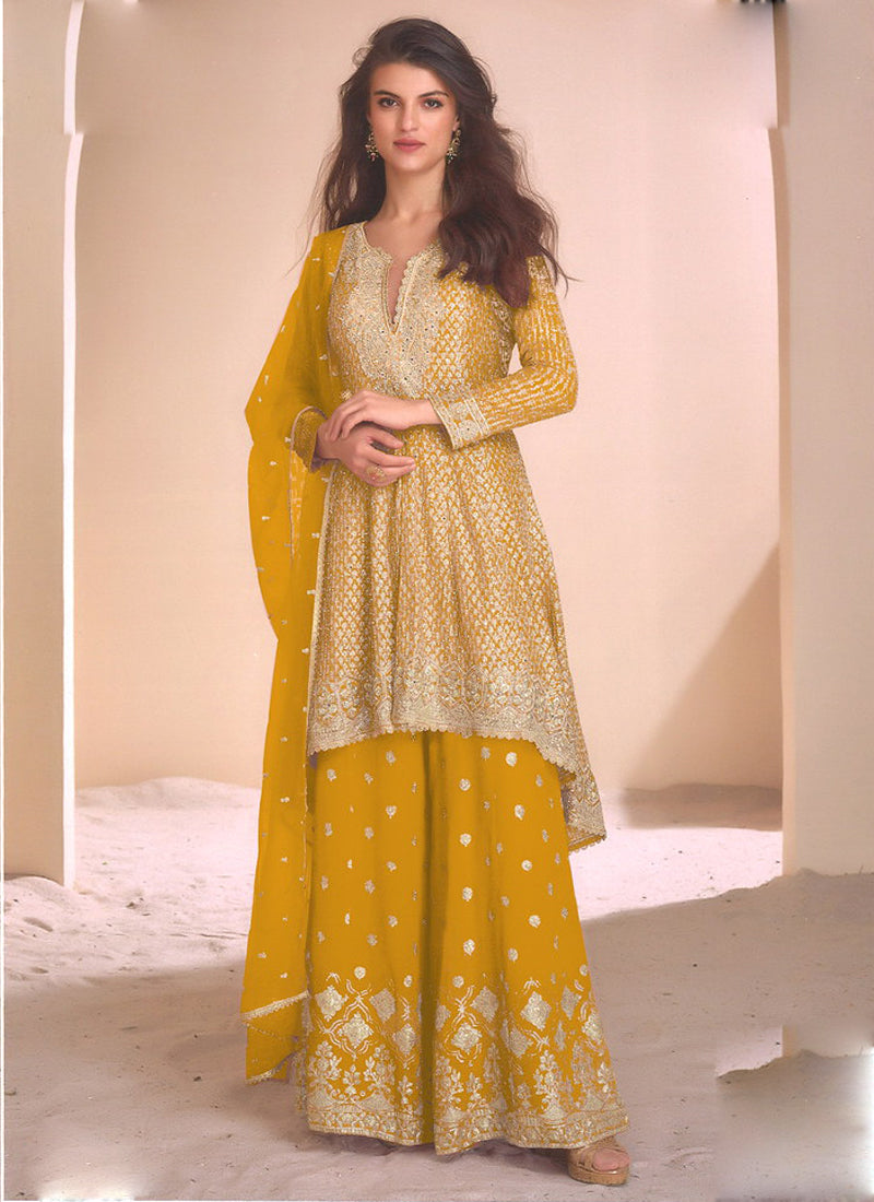 Vegaa Fashion Yellow Georgette Embroidered Palazzo Suit - Swadesiicart