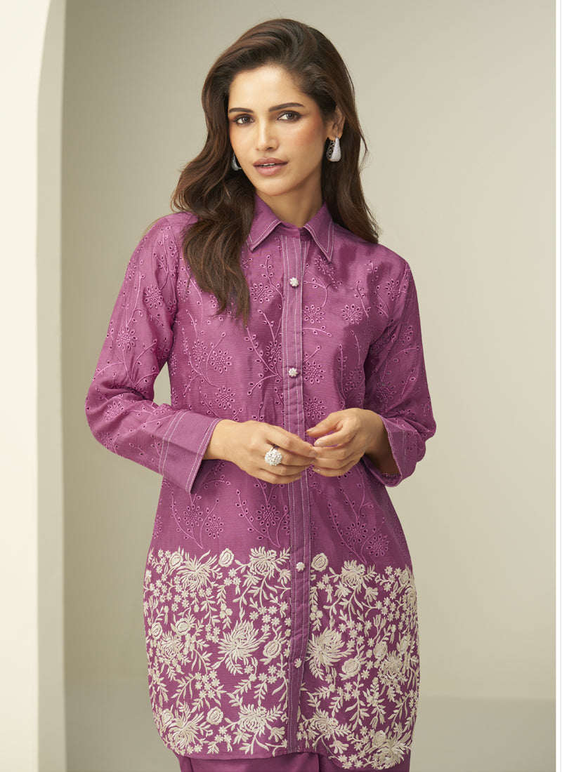 Vegaa Fashion Onion Pink Chinon Silk Embroidered Designer Co Ord Set - Swadesiicart