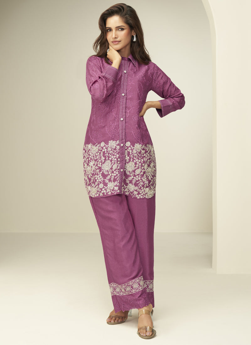 Vegaa Fashion Onion Pink Chinon Silk Embroidered Designer Co Ord Set - Swadesiicart