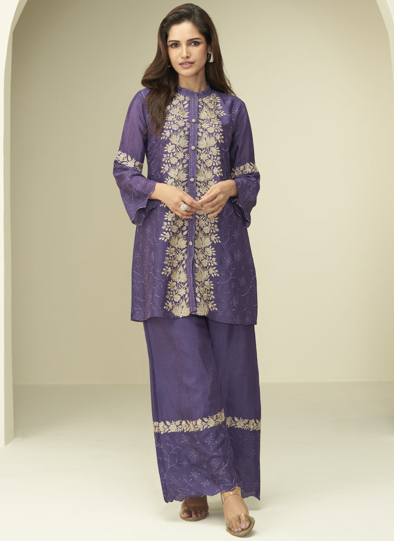 Vegaa Fashion Violet Chinon Silk Embroidered Designer Co Ord Set - Swadesiicart