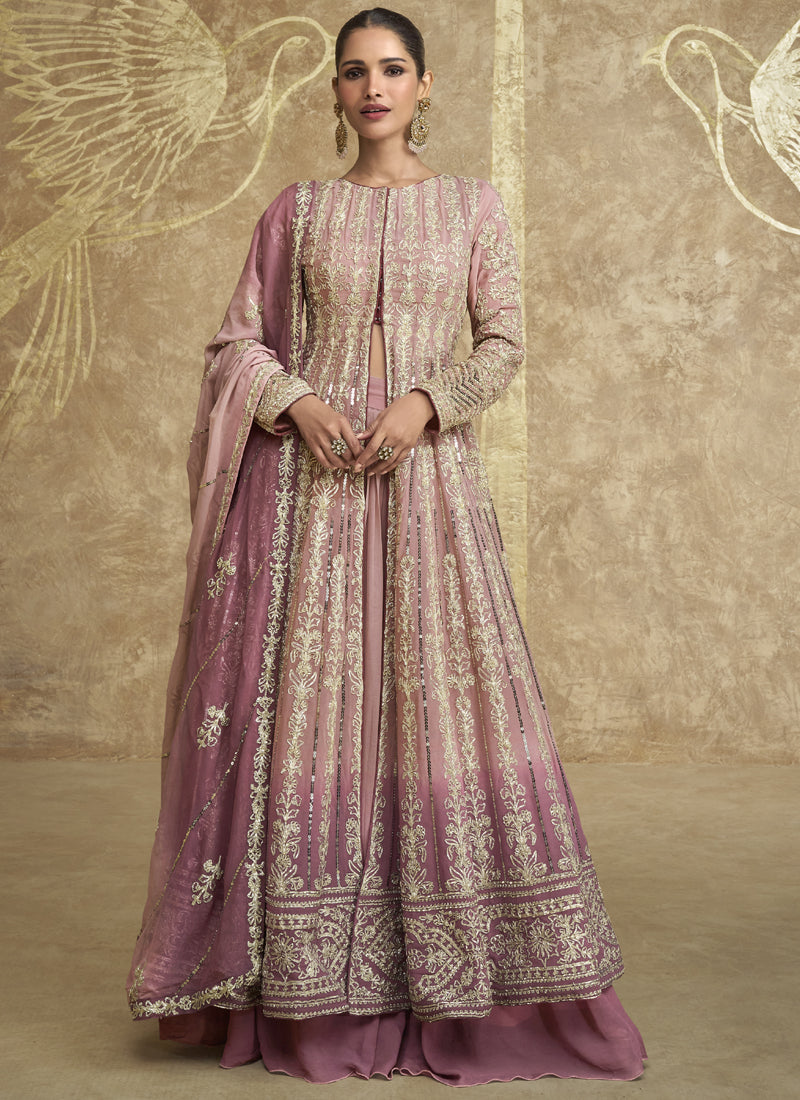 Vegaa Fashion Peach Real Georgette Embroidered Lehenga Style Suit - Swadesiicart