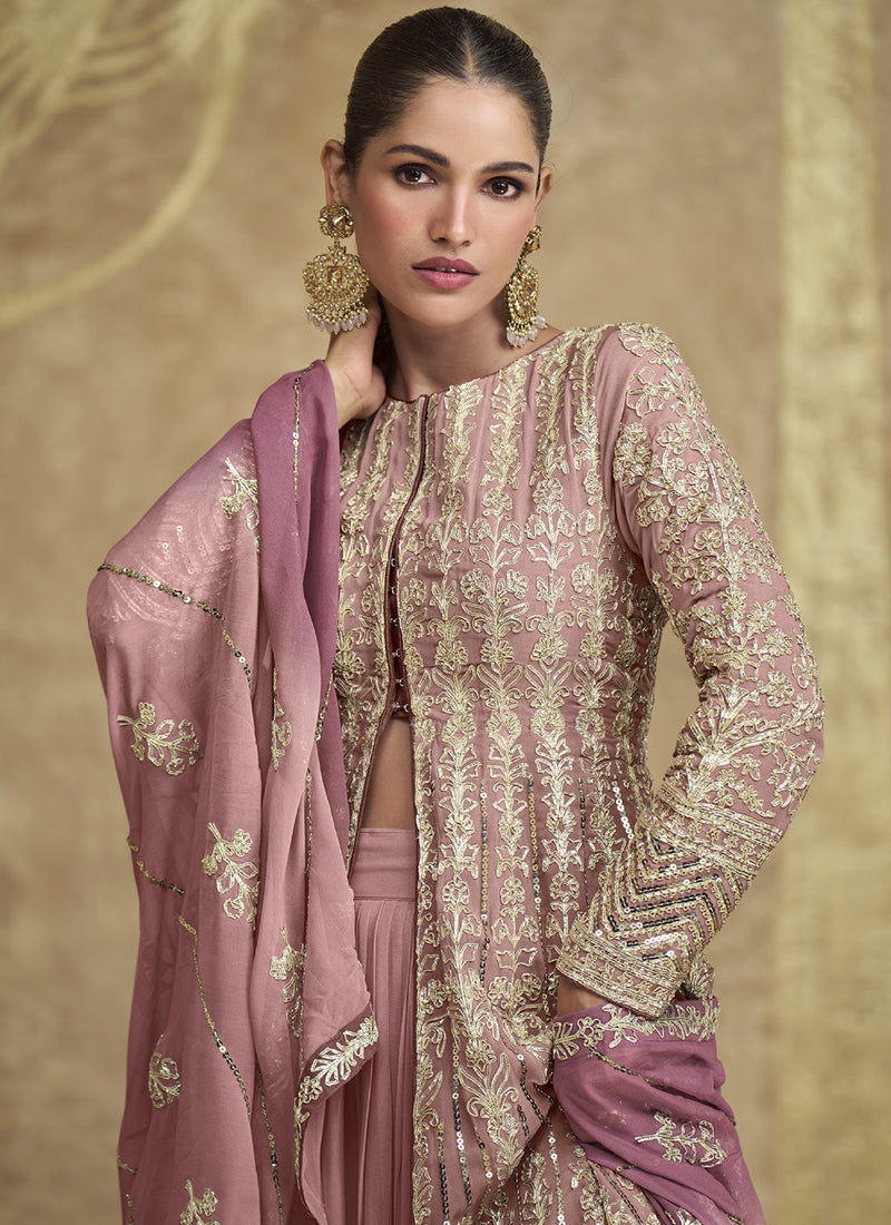 Vegaa Fashion Peach Real Georgette Embroidered Lehenga Style Suit - Swadesiicart