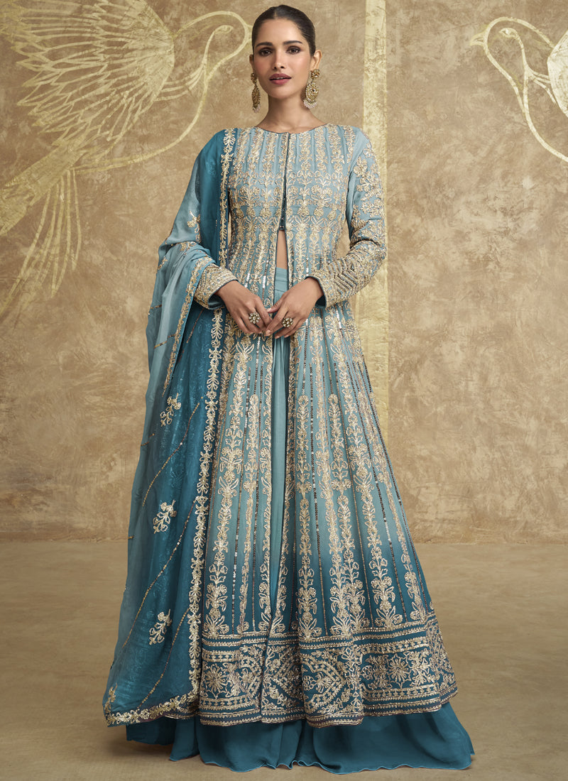 Vegaa Fashion Sky Blue Real Georgette Embroidered Lehenga Style Suit - Swadesiicart