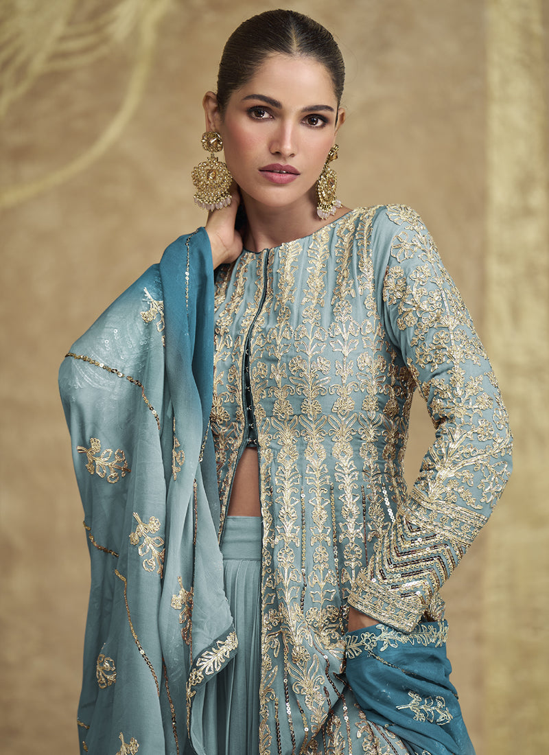 Vegaa Fashion Sky Blue Real Georgette Embroidered Lehenga Style Suit - Swadesiicart