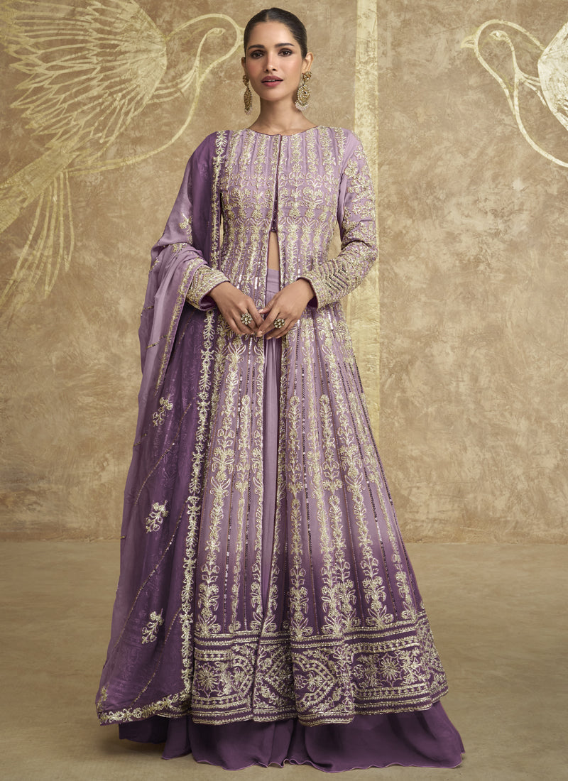 Vegaa Fashion Lavender Real Georgette Embroidered Lehenga Style Suit - Swadesiicart