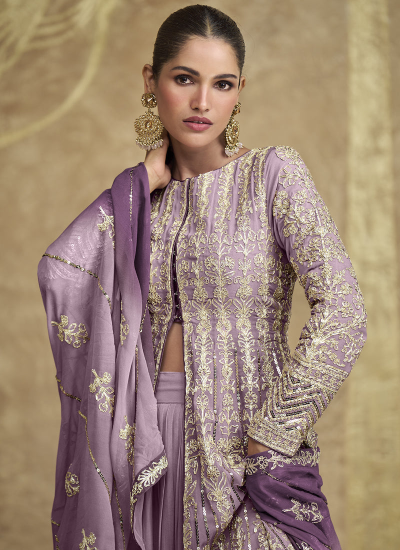 Vegaa Fashion Lavender Real Georgette Embroidered Lehenga Style Suit - Swadesiicart