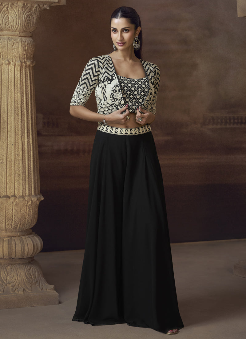 Vegaa Fashion Black Real Chinon Silk Embroidered Jacket Style Palazzo Suit - Swadesiicart