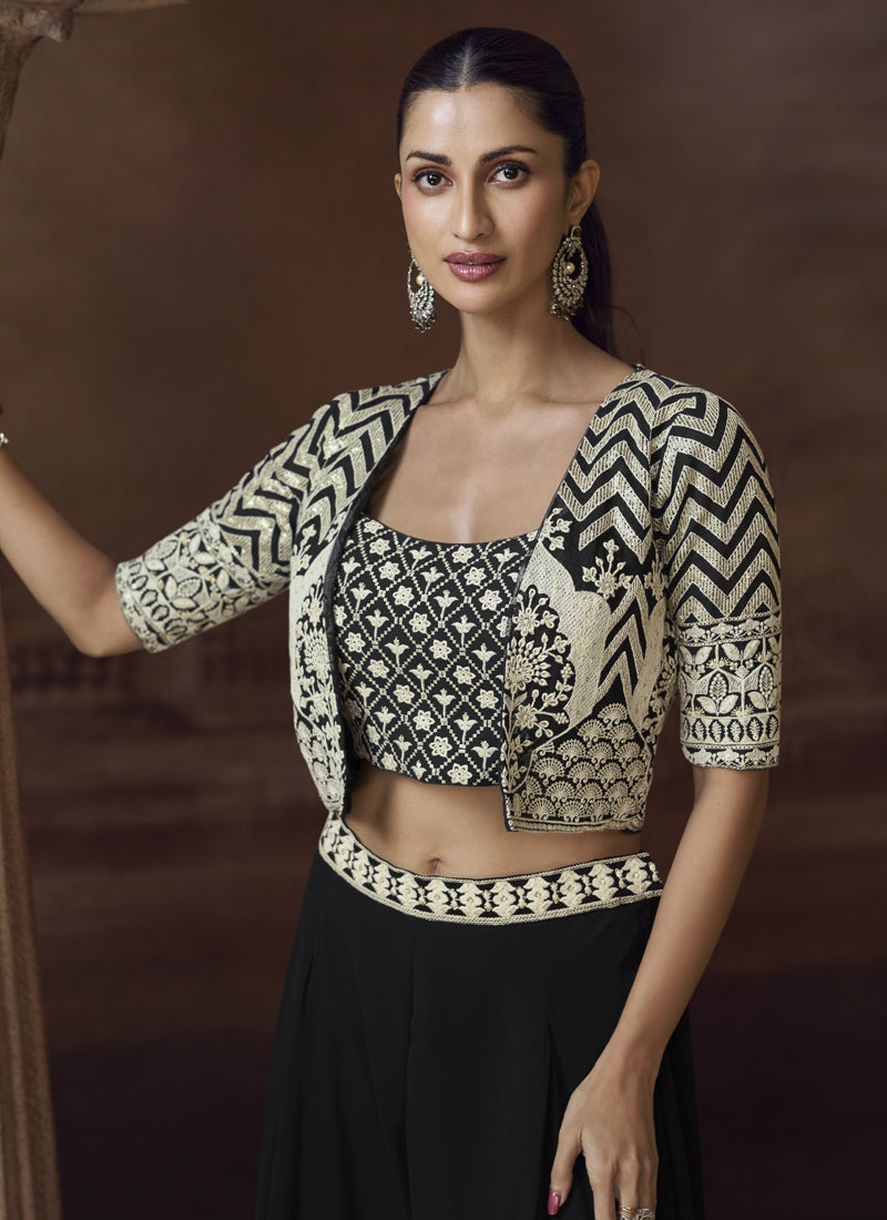 Vegaa Fashion Black Real Chinon Silk Embroidered Jacket Style Palazzo Suit - Swadesiicart