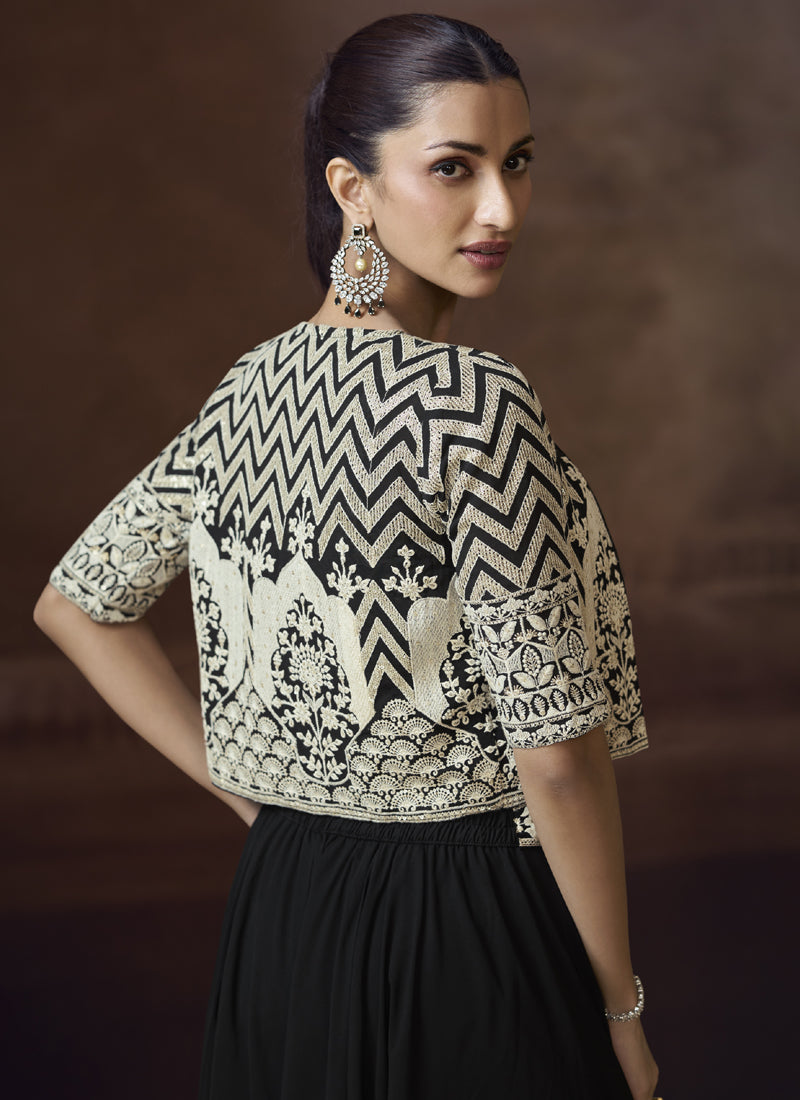 Vegaa Fashion Black Real Chinon Silk Embroidered Jacket Style Palazzo Suit - Swadesiicart