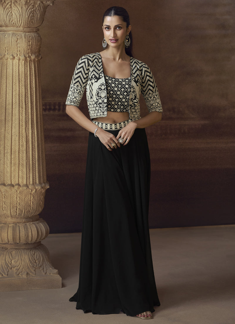 Vegaa Fashion Black Real Chinon Silk Embroidered Jacket Style Palazzo Suit - Swadesiicart