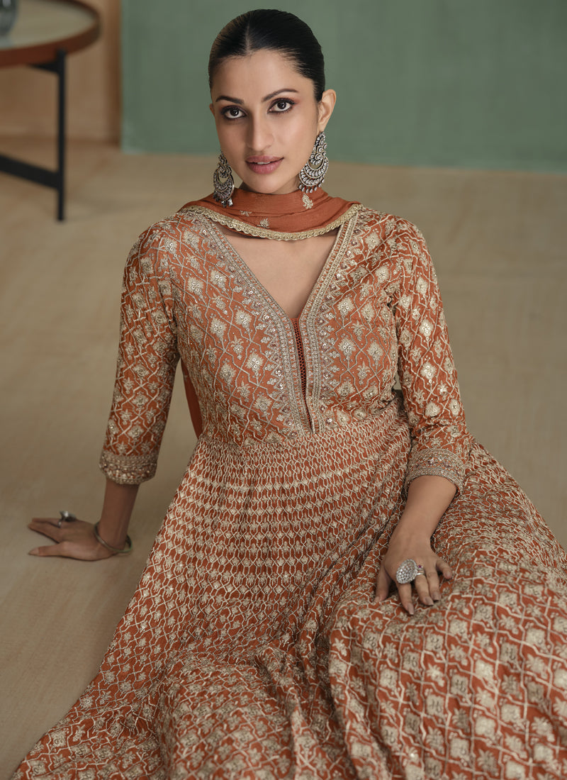 Vegaa Fashion Light Brown Real Georgette Embroidered Anarkali Suit - Swadesiicart