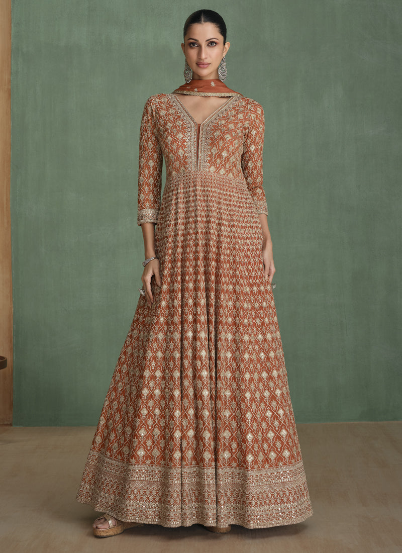 Vegaa Fashion Light Brown Real Georgette Embroidered Anarkali Suit - Swadesiicart