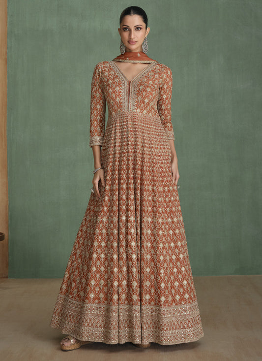 Vegaa Fashion Light Brown Real Georgette Embroidered Anarkali Suit - Swadesiicart