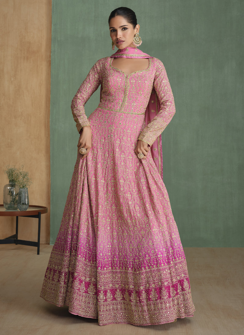 Vegaa Fashion Light Pink Real Georgette Embroidered Anarkali Suit - Swadesiicart