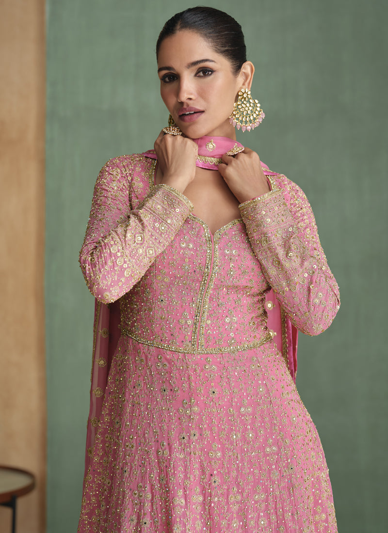 Vegaa Fashion Light Pink Real Georgette Embroidered Anarkali Suit - Swadesiicart
