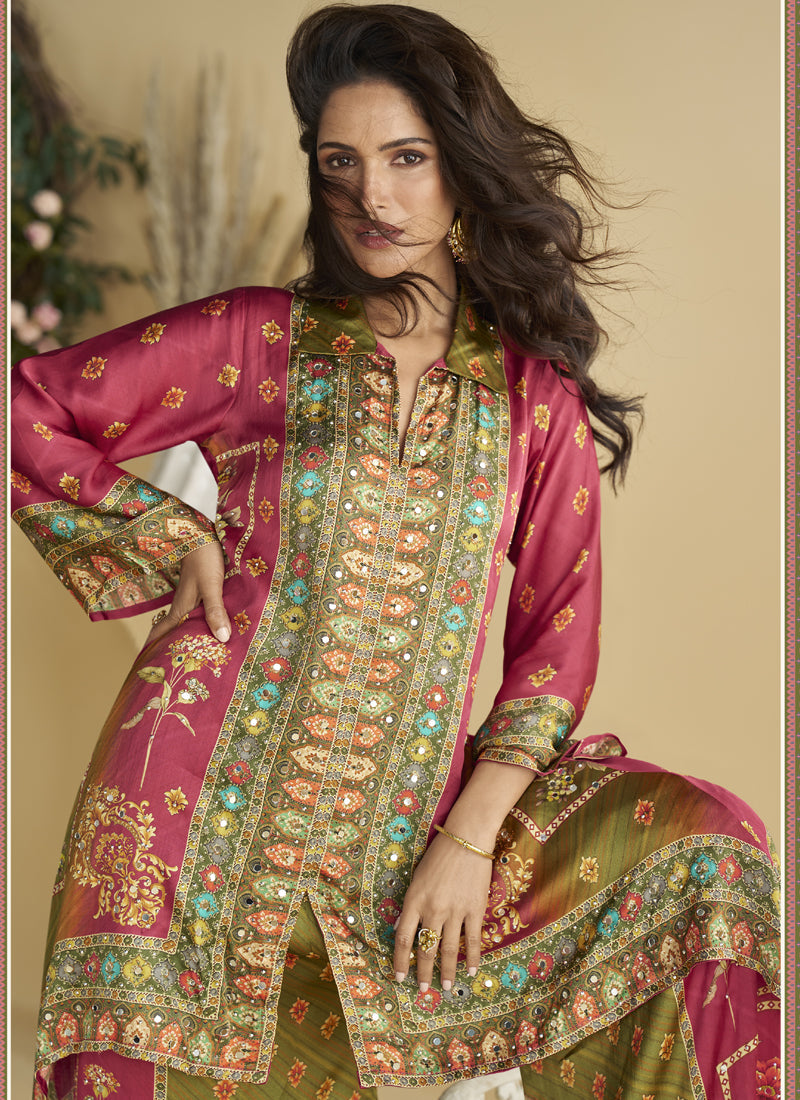 Vegaa Fashion Pink Crepe Silk Emblissed Mirror Work Designer Cord Set - Swadesiicart