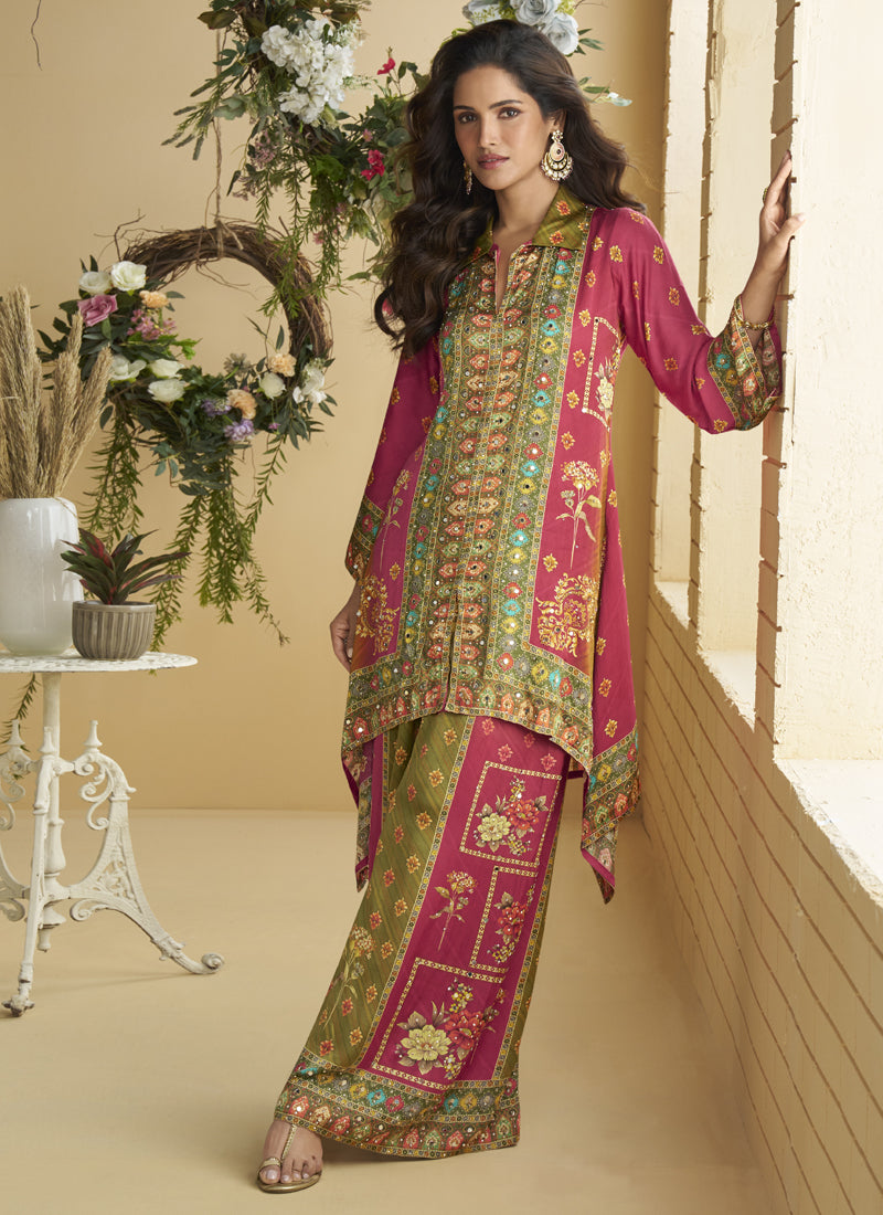 Vegaa Fashion Pink Crepe Silk Emblissed Mirror Work Designer Cord Set - Swadesiicart