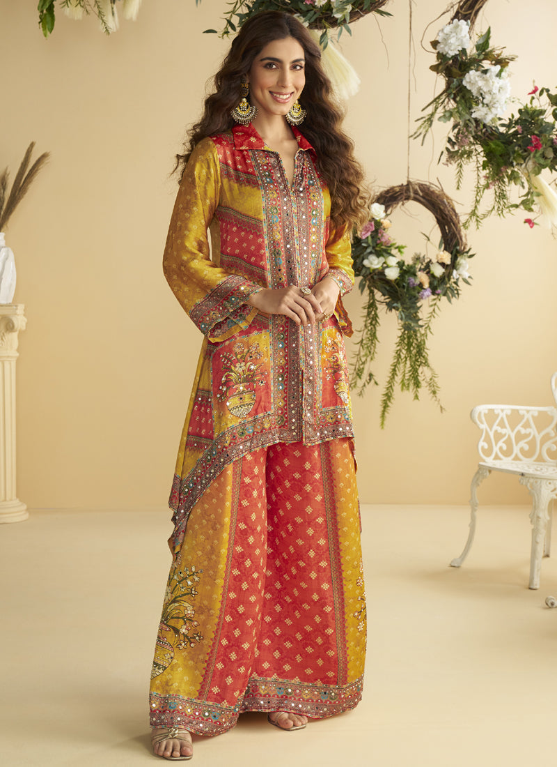 Vegaa Fashion Yellow Crepe Silk Emblissed Mirror Work Designer Cord Set - Swadesiicart