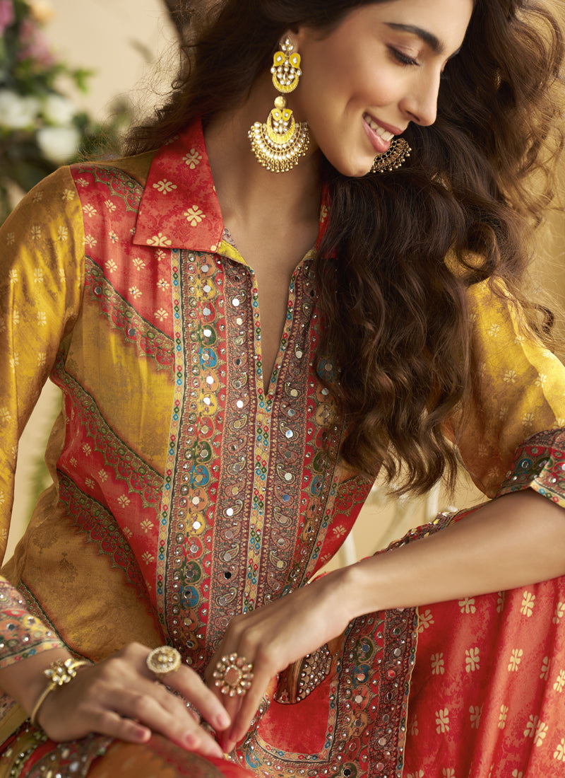 Vegaa Fashion Yellow Crepe Silk Emblissed Mirror Work Designer Cord Set - Swadesiicart